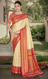Cream Silk Woven Work Traditional Saree